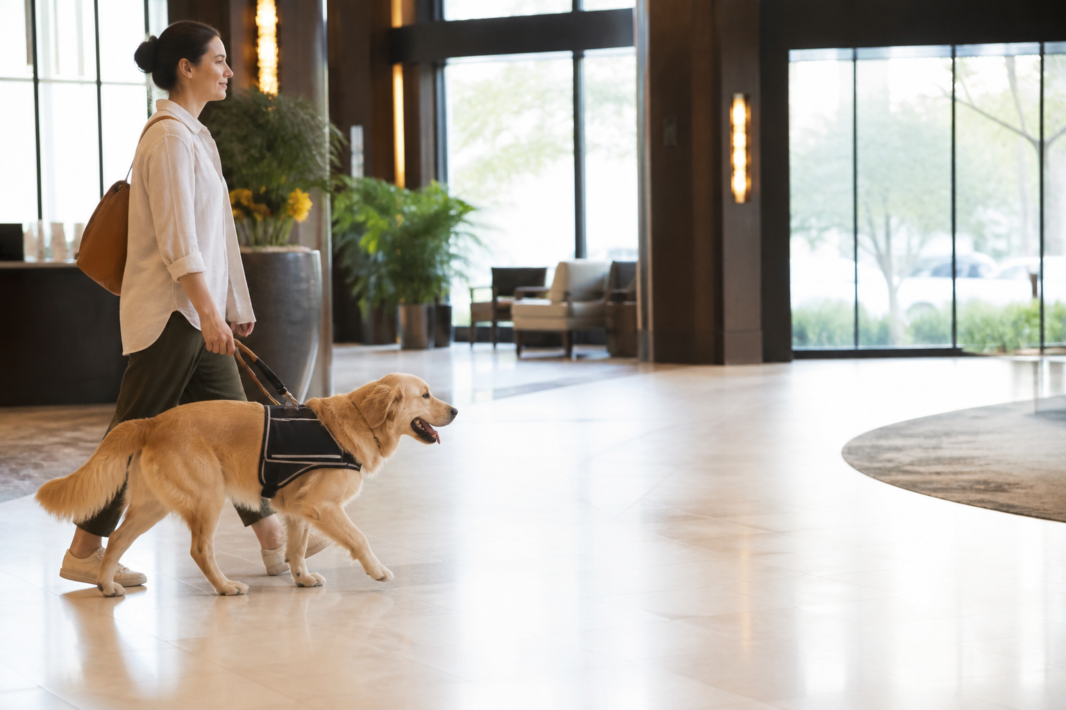 A woman walks with her service dog through a bright hotel lobby