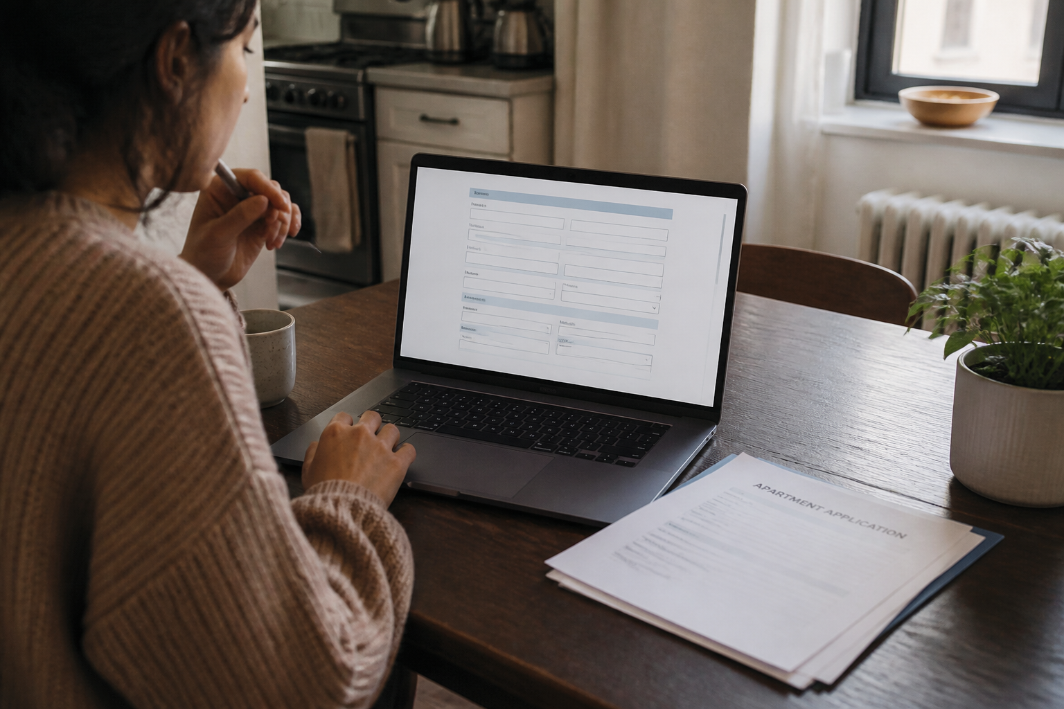 Person reviewing an apartment application on a laptop